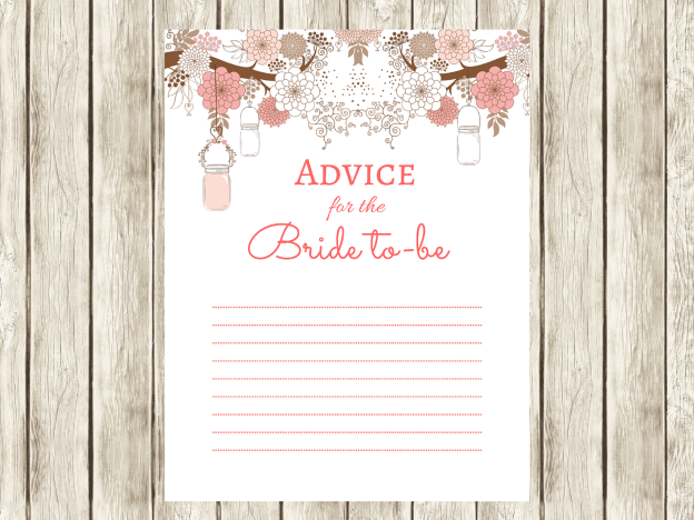 Advice for Bride to be, bridal shower advice cards, advice cards, Bridal Shower activity, Printable Bridal advice card, Bridal Shower, mason jars