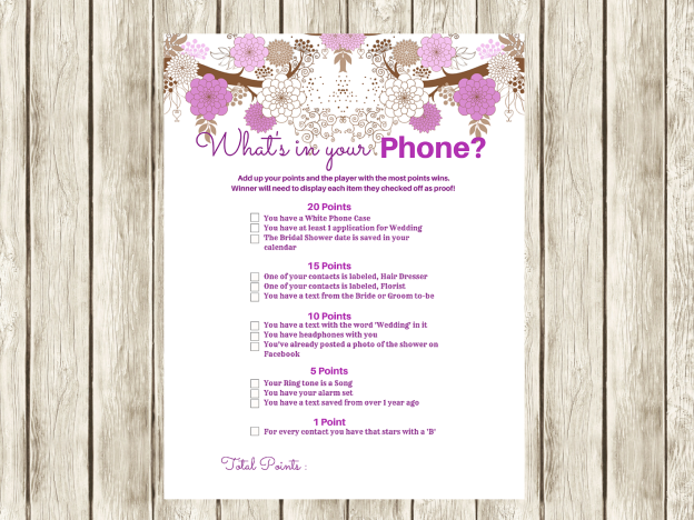 Purple Modern What's in your Phone Bridal shower game, Modern bridal Shower Games, Printable bridal shower Game, floral