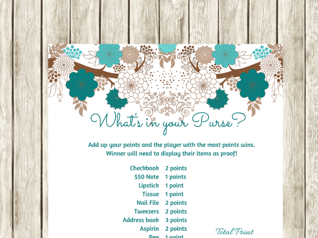 Teal Bridal Shower Game, What's in your purse #bridalshower #bridal #games