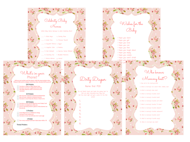 Girl Modern Baby Shower Games, who knows mommy best, what's in your phone, celebrity baby names, pink shabby chic, vintage rose