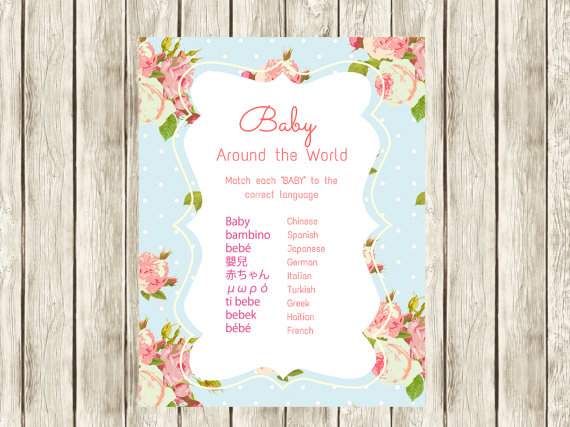 Blue Shabby Floral Vintage Rose Baby Around the World Baby Shower Games
