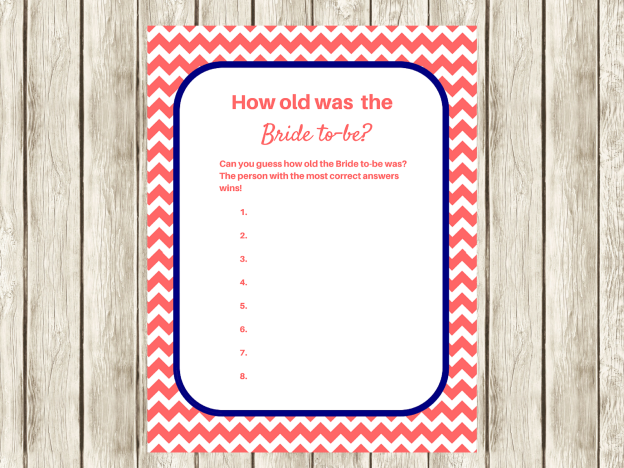 How old was the bride Bridal Shower Games, coral navy