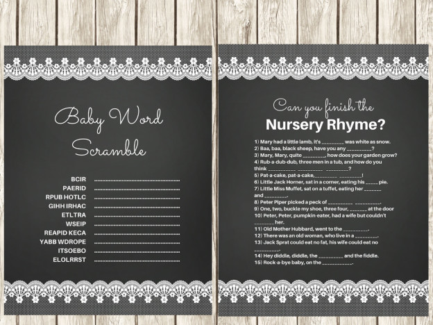 chalkboard Lace Nursery rhyme baby shower game, baby word scramble