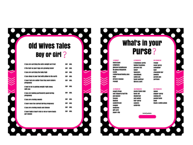 The Old Wives Tale Gender Reveal Baby Shower Game, Baby Gender Guess, Gender Reveal Games, What's in your purse baby shower game