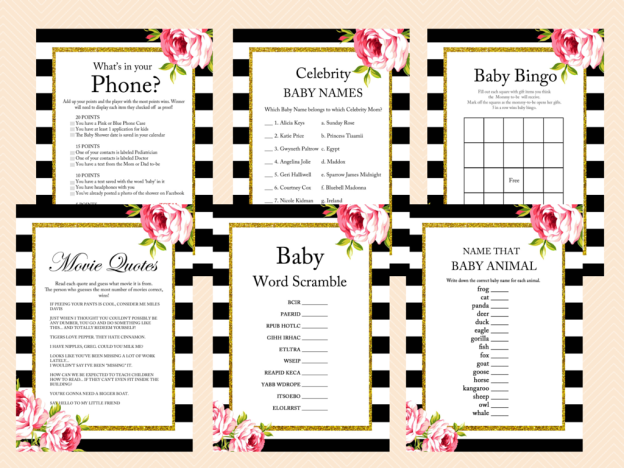 Floral Black and White Baby Shower, Gold Glitter, Shabby Chic Printable Baby Shower Games, Black White Baby Shower Games, Activities TLC04