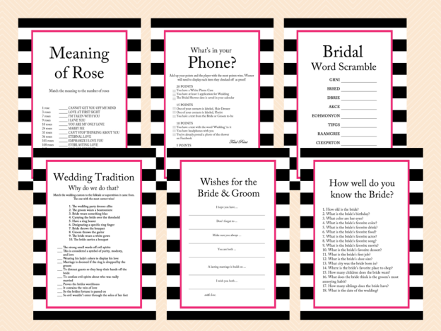 Hot Pink, Black and White Stripes Bridal Shower Games Package, Printable, Download, Modern Bridal Shower Games, Wedding Shower Games BS22
