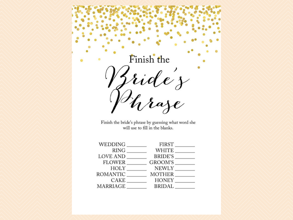 Gold Confetti Bridal Shower Game Set, Modern Bridal Shower Game