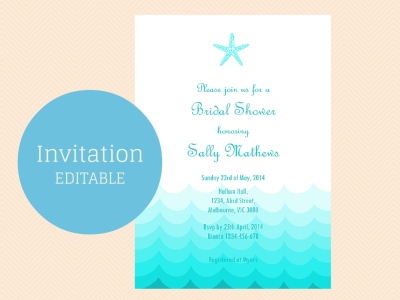Editable Baby Shower Invitations, Editable Bridal Shower Invitations, Editable Birthday Party Invite, Beach, Nautical, Starfish BS28 TLC09
