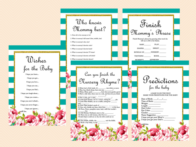 Teal and White Stripes, Floral Chic Baby Shower Games Printables, Game Pack, Teal Baby Shower, Gold Glitter, TLC40