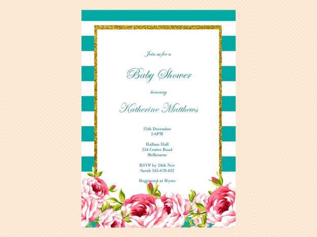 Editable Baby Shower Invitations, Editable Bridal Shower Invitations, Editable Birthday Invitation, Teal and white, chic, floral BS13, TLC40