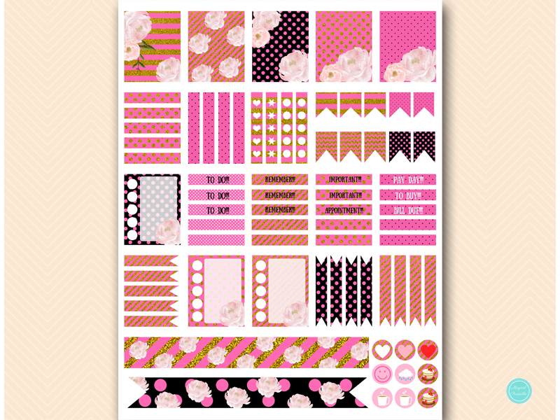 Hot Pink and Gold Peonies Planner Stickers - Magical Printable