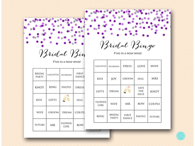 Prefilled Purple Silver Bridal Shower Bingo Cards