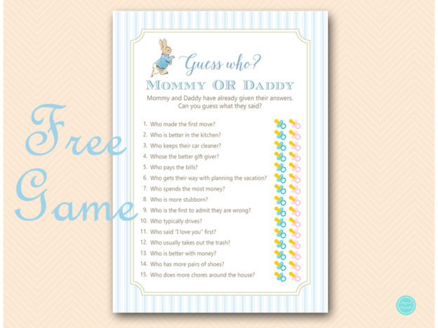 Free Guess Who Mommy or Daddy Baby Shower Game Peter Rabbit Theme